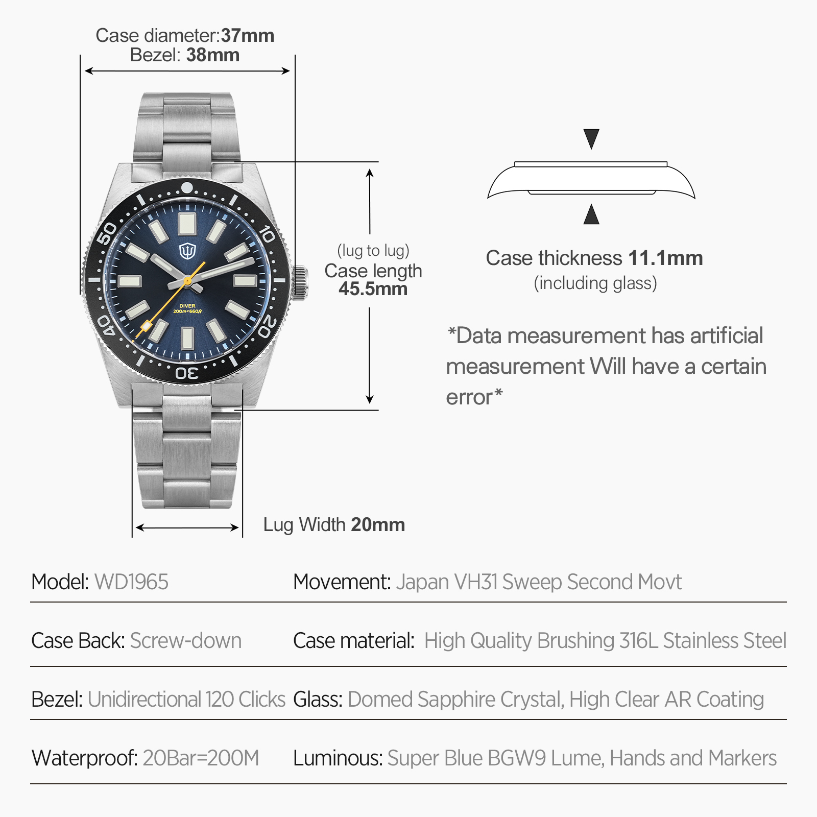 Watchdives 37Mm WD1965 V2 Man  - Luxury Watch Hand ulasan dan harga